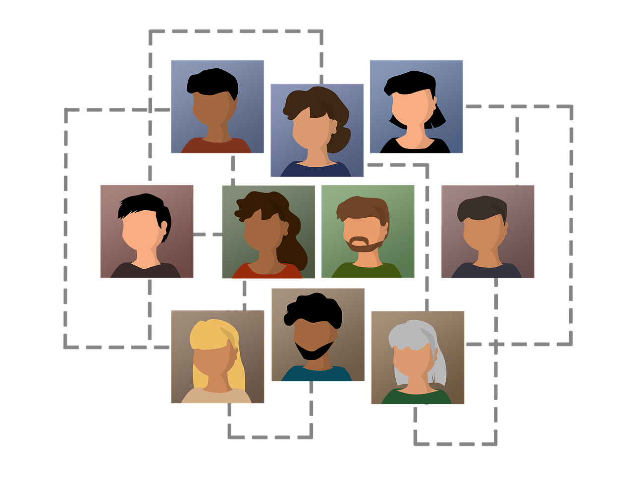 An illustration of a team organizational chart within free HR software displaying graphics of employees in different positions.