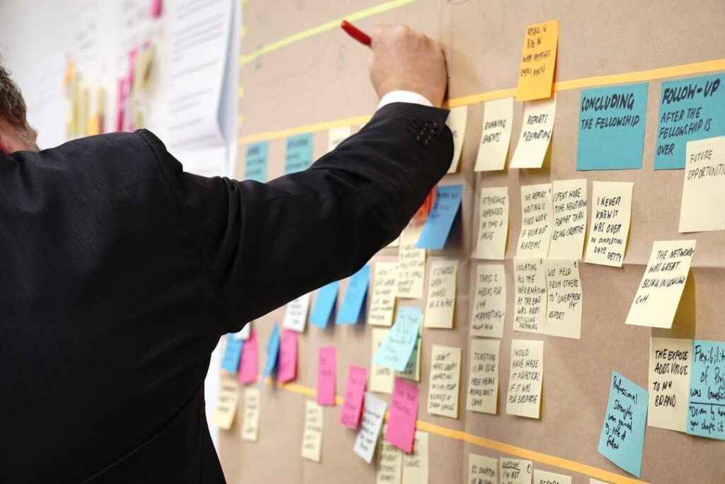 Manager trying to consolidate information by tracking numerous post-it notes